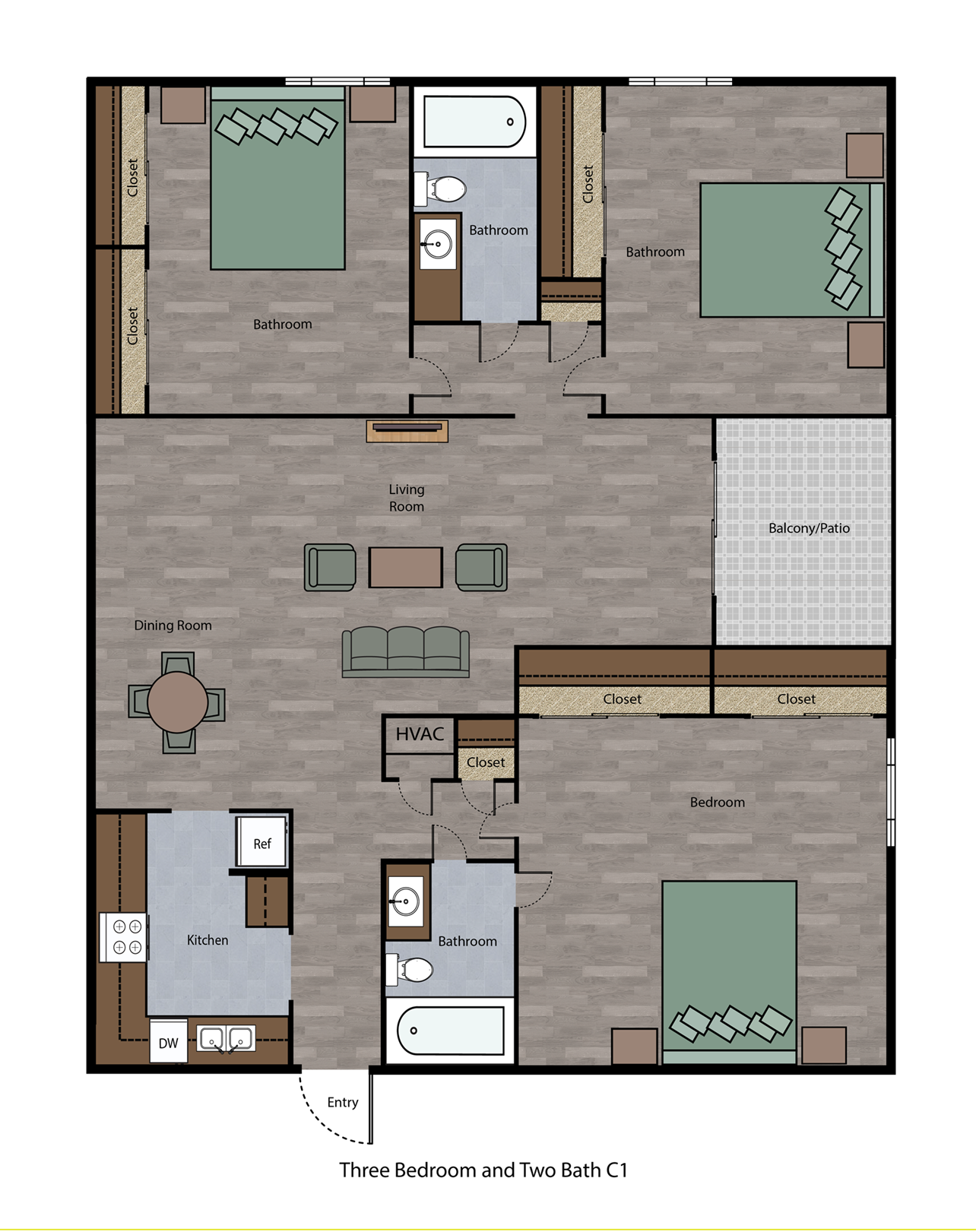 Floor plan for 3 beds, 2 baths, 1241 sqft